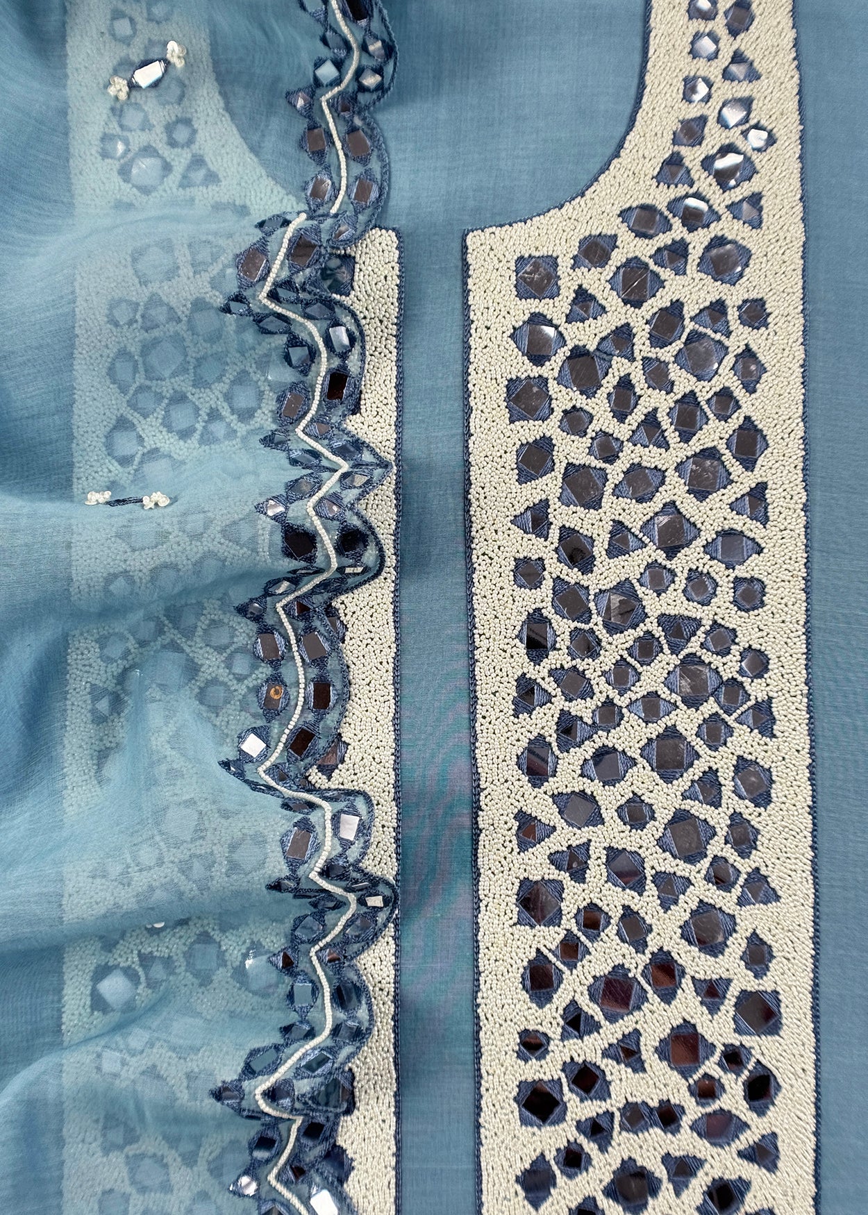 Ice Blue Handloom Mul Unstitched Suit Fabric With Pearls And Mirror Handwork