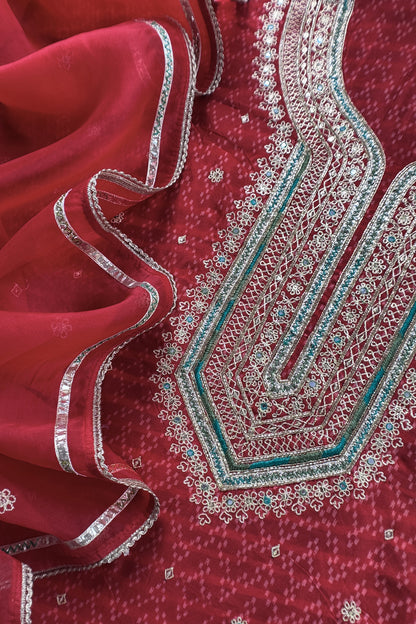 Red Pure Silk Ikkat Print Unstitched Suit With Dori And Gotapatti Hand Work