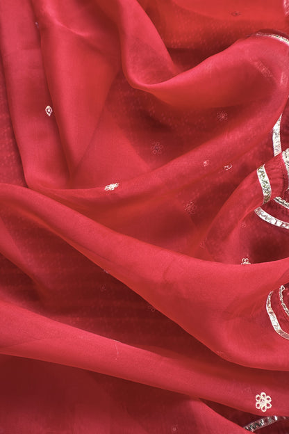 Red Pure Silk Ikkat Print Unstitched Suit With Dori And Gotapatti Hand Work