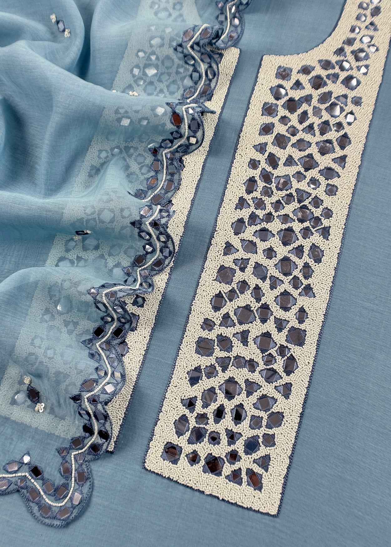 Ice Blue Handloom Mul Unstitched Suit Fabric With Pearls And Mirror Handwork
