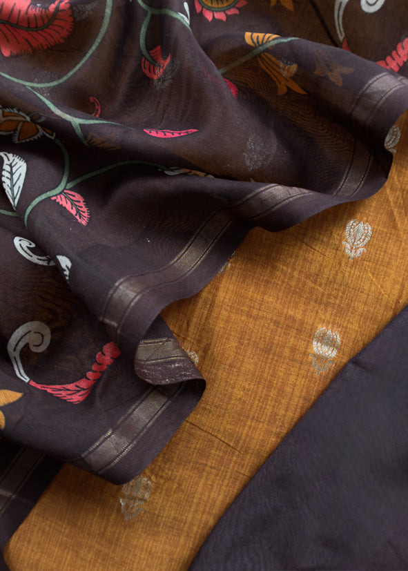Caramel And Brown Kalamkari Print Pure Maheshwari Silk Suit With Banarasi Phool Bootis