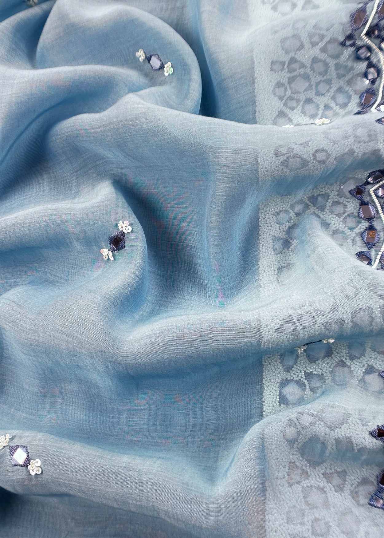 Ice Blue Handloom Mul Unstitched Suit Fabric With Pearls And Mirror Handwork