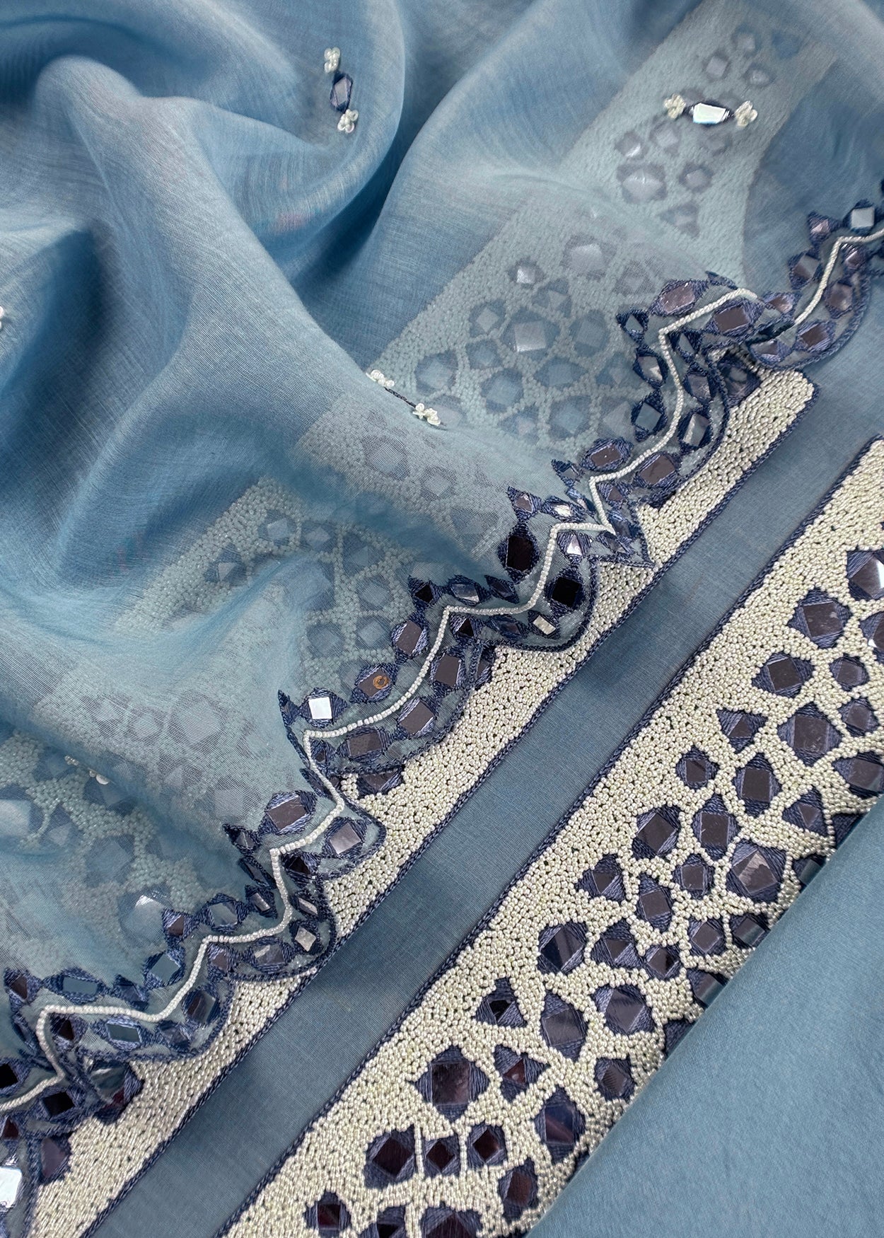 Ice Blue Handloom Mul Unstitched Suit Fabric With Pearls And Mirror Handwork