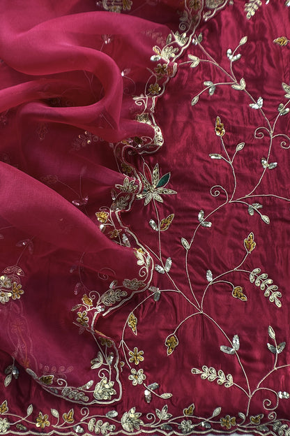 Maroon Pure Silk Unstitched Suit With Dori And Dabka Hand Work