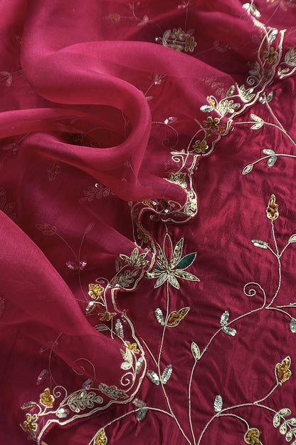 Maroon Pure Silk Unstitched Suit With Dori And Dabka Hand Work