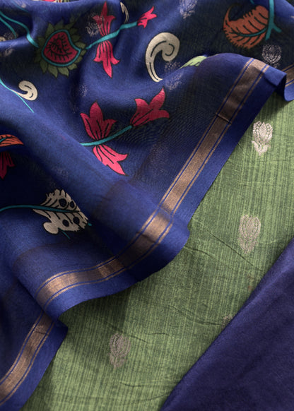 Green And Blue Kalamkari Print Pure Maheshwari Silk Suit With Banarasi Phool Bootis