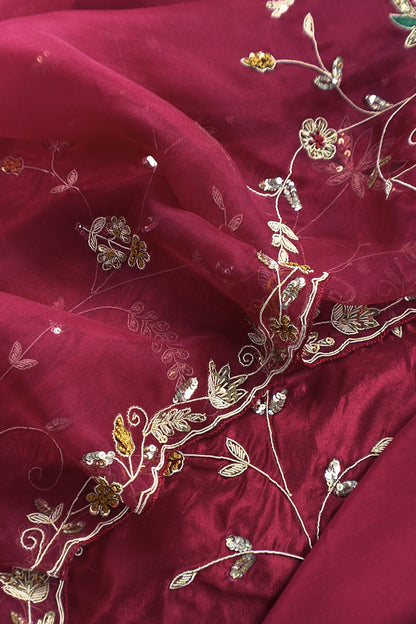 Maroon Pure Silk Unstitched Suit With Dori And Dabka Hand Work