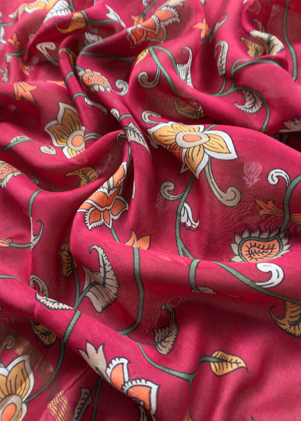 Desert Brown And Red Kalamkari Print Pure Maheshwari Silk Suit With Banarasi Phool Bootis