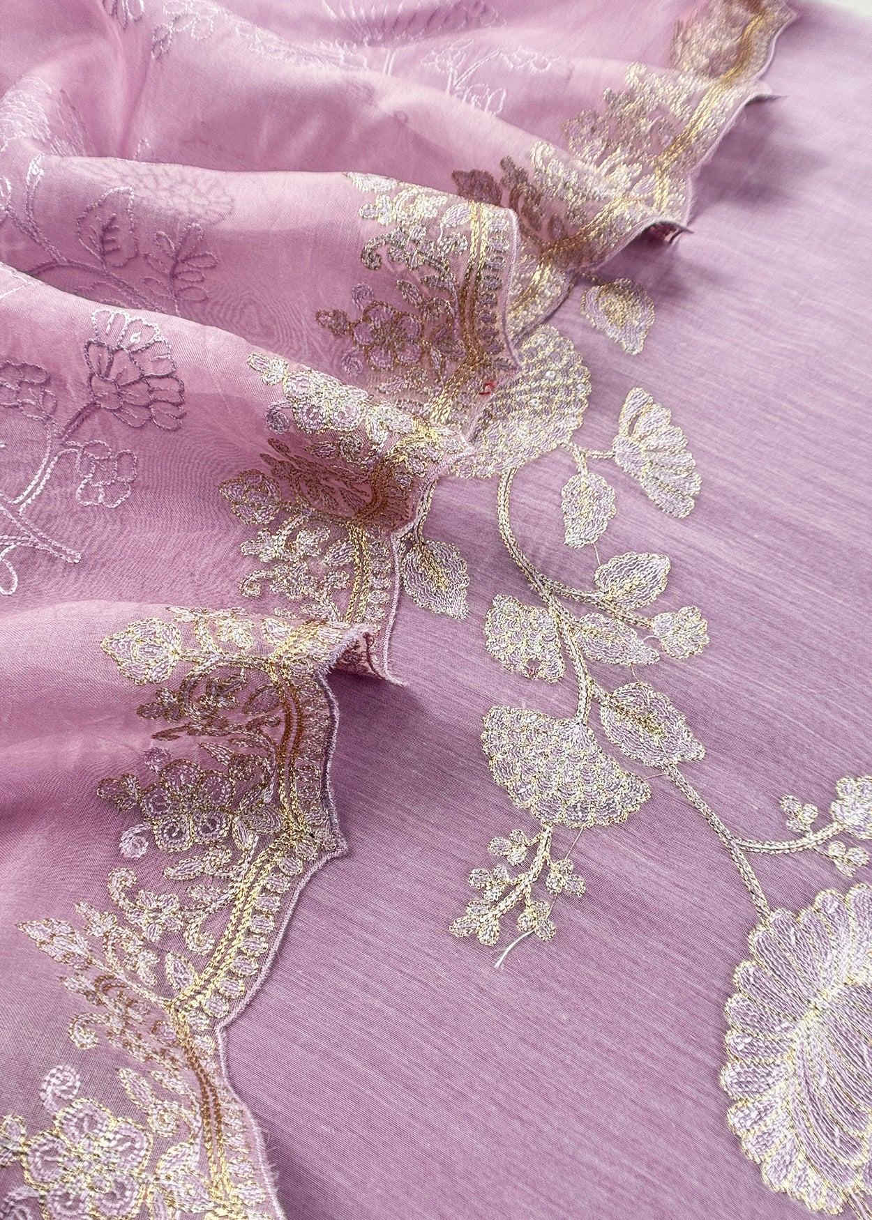 Lavender Pure Mulmul Suit With Organza Dupatta
