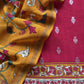 Mustard And Red Kalamkari Print Pure Maheshwari Silk Suit With Banarasi Phool Bootis