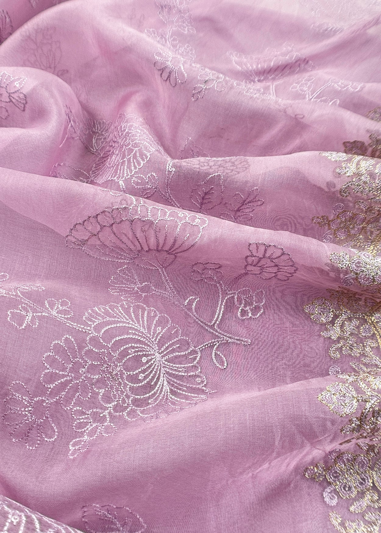 Lavender Pure Mulmul Suit With Organza Dupatta