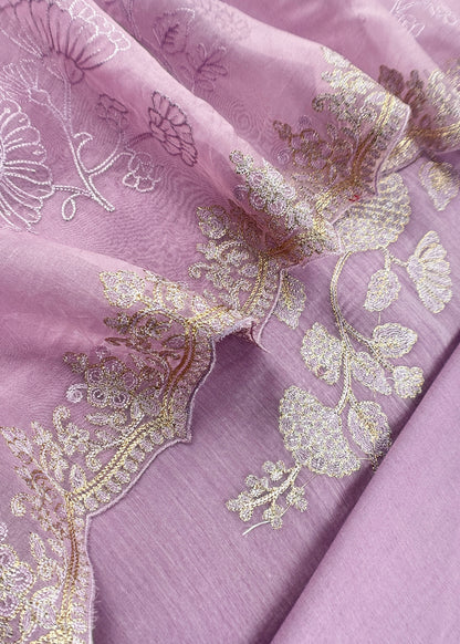 Lavender Pure Mulmul Suit With Organza Dupatta
