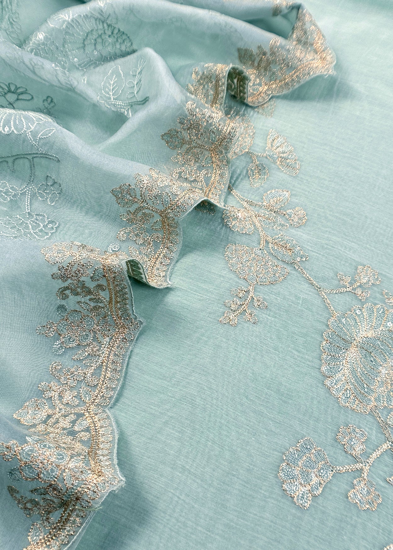 Sky Blue Pure Mulmul Suit With Organza Dupatta