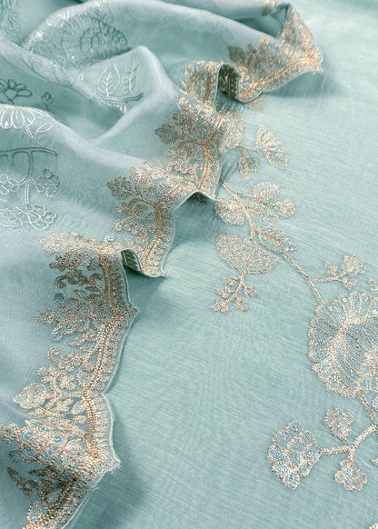 Sky Blue Pure Mulmul Suit With Organza Dupatta