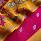 Mustard And Red Kalamkari Print Pure Maheshwari Silk Suit With Banarasi Phool Bootis