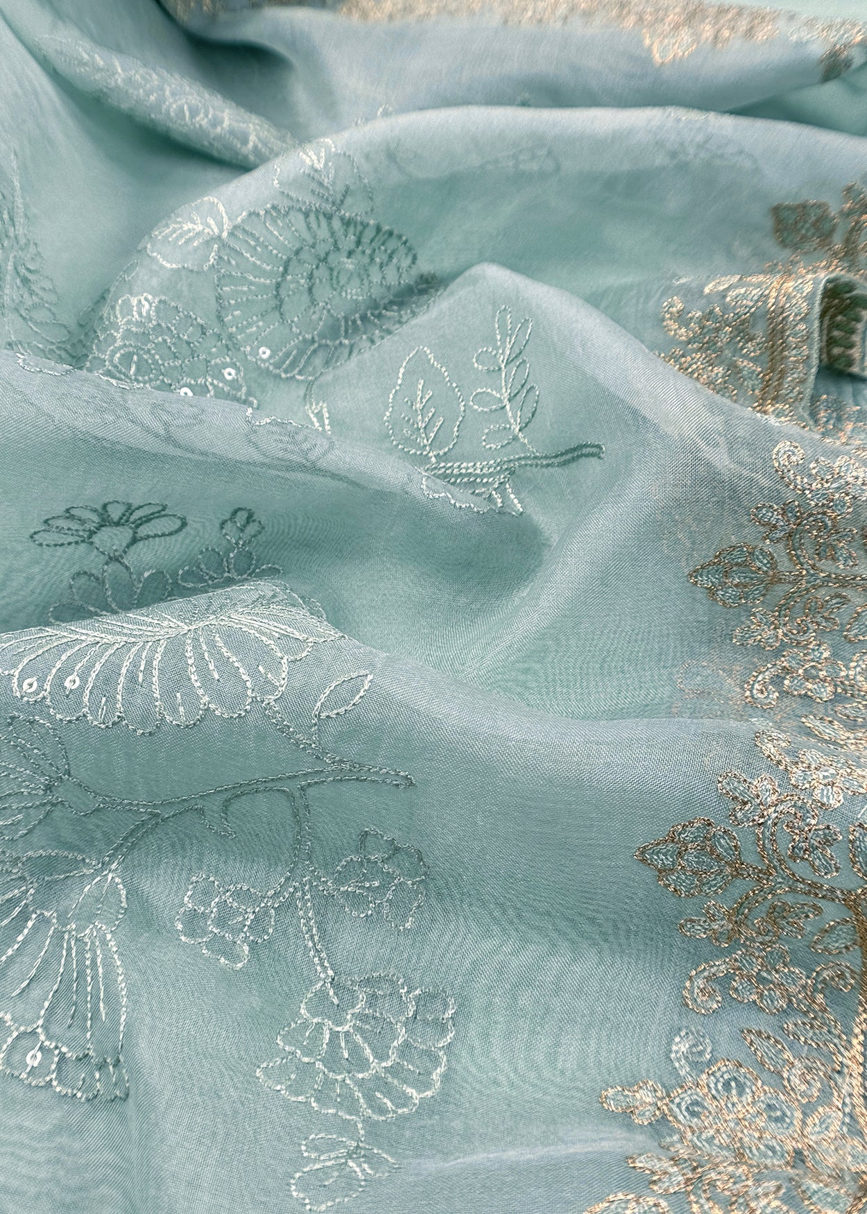 Sky Blue Pure Mulmul Suit With Organza Dupatta