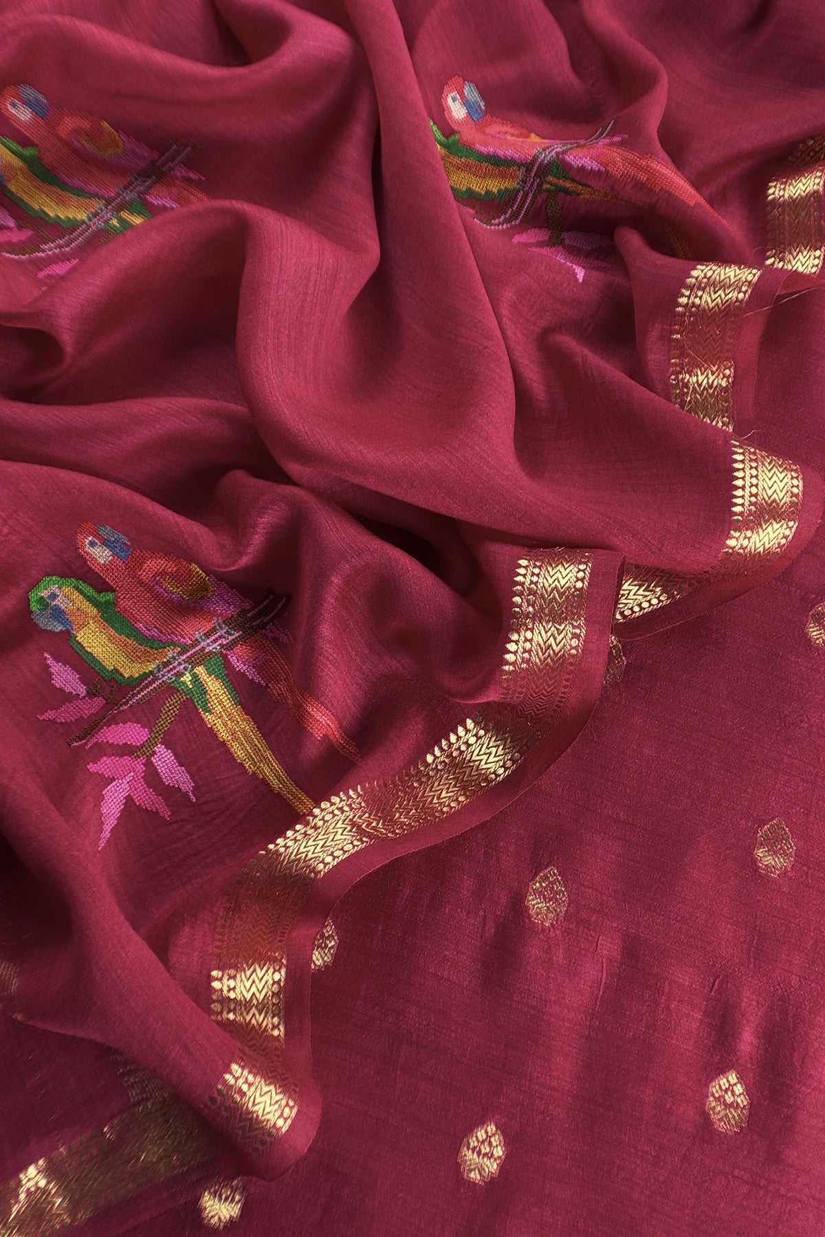 Maroon Handloom Unstitched Tussar Suit With Dupatta