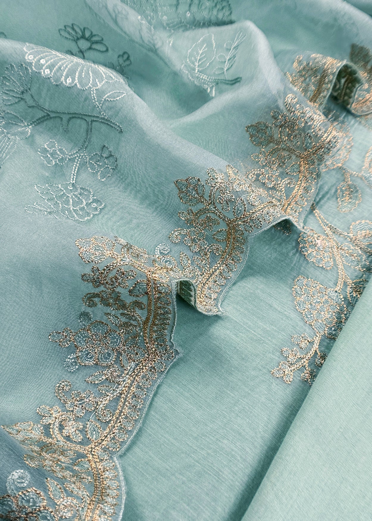 Sky Blue Pure Mulmul Suit With Organza Dupatta