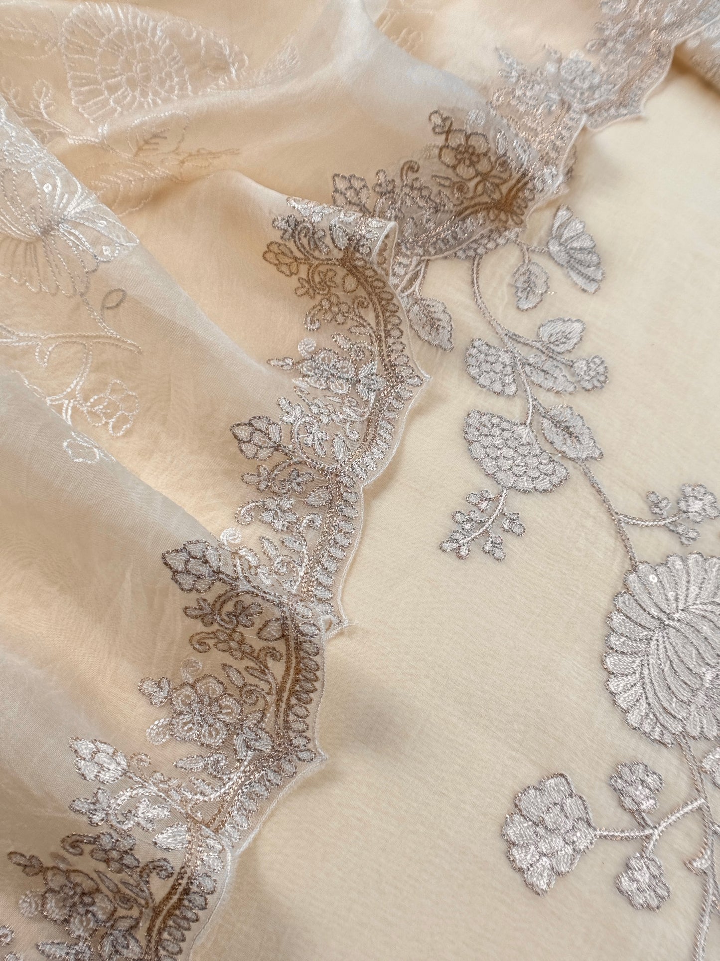 Off White Pure Mulmul Suit With Organza Dupatta