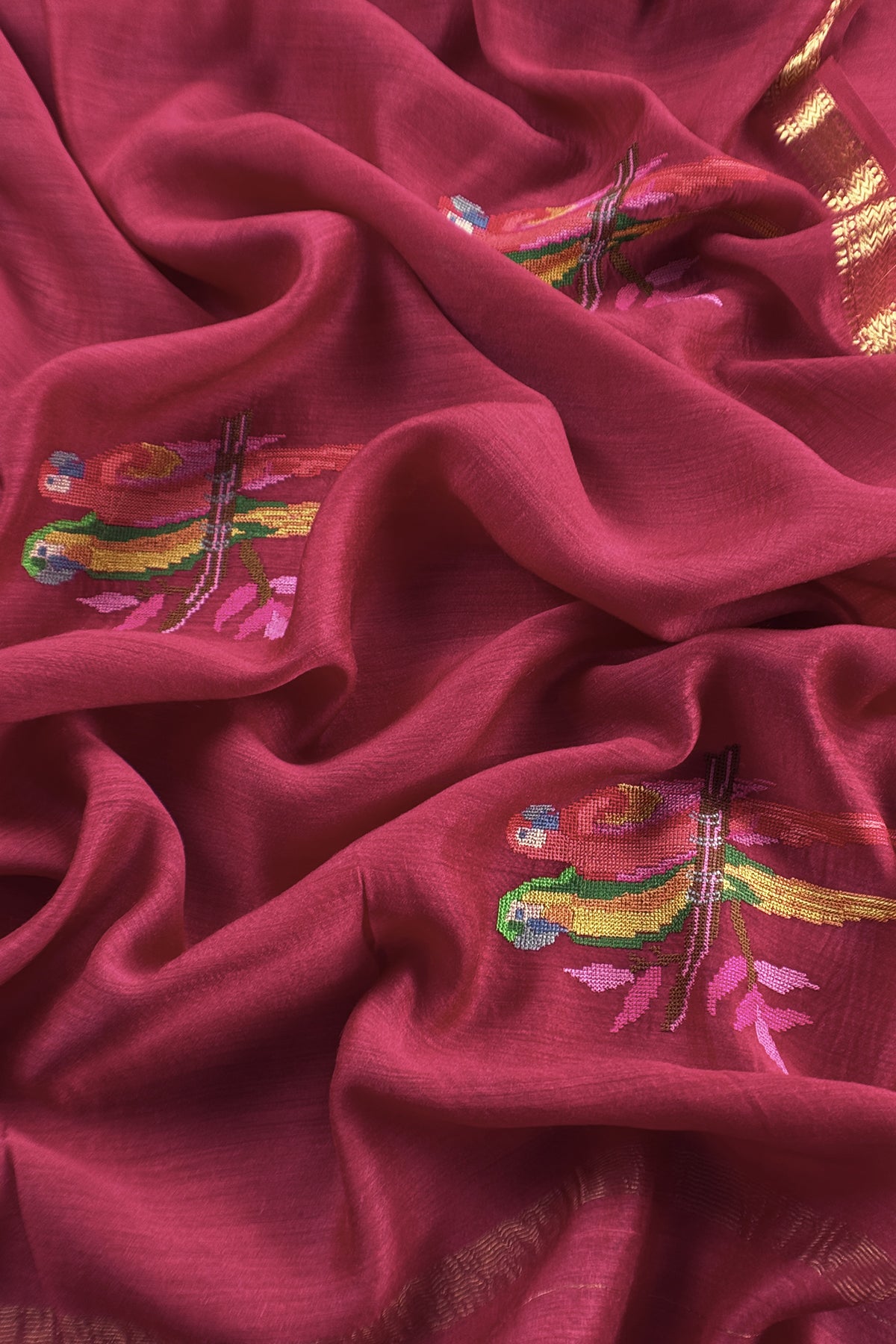 Maroon Handloom Unstitched Tussar Suit With Dupatta