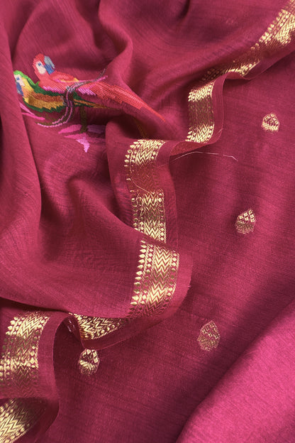 Maroon Handloom Unstitched Tussar Suit With Dupatta
