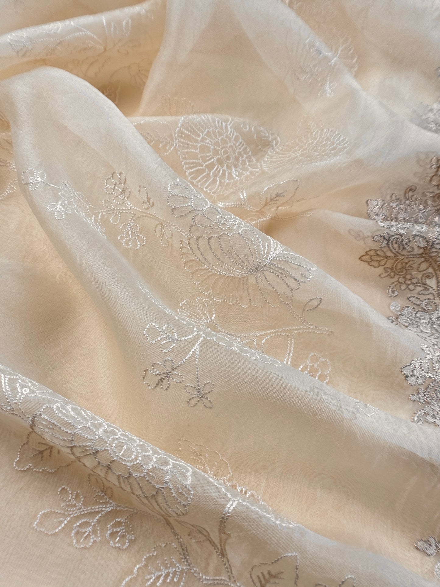 Off White Pure Mulmul Suit With Organza Dupatta