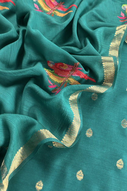 Teal Blue Handloom Unstitched Tussar Suit With Dupatta
