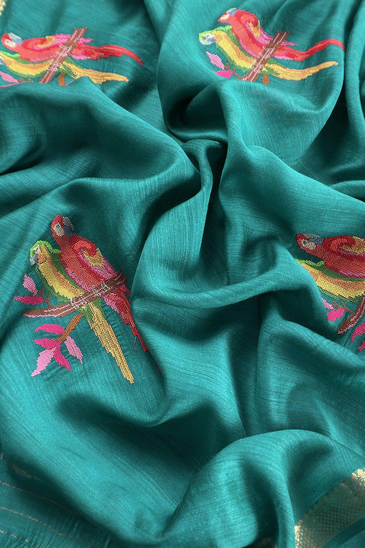 Teal Blue Handloom Unstitched Tussar Suit With Dupatta