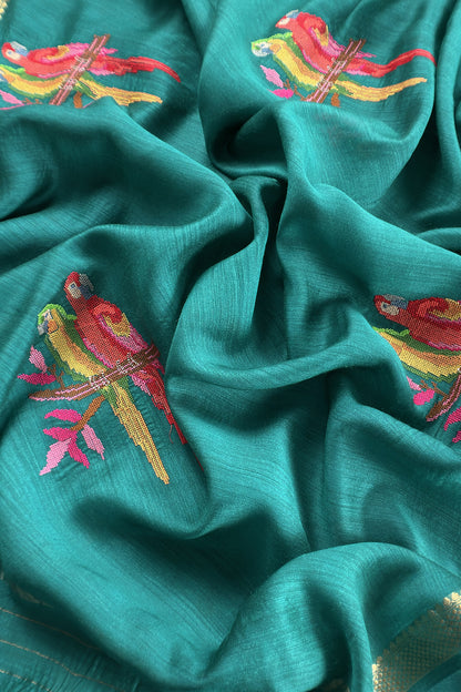 Teal Blue Handloom Unstitched Tussar Suit With Dupatta