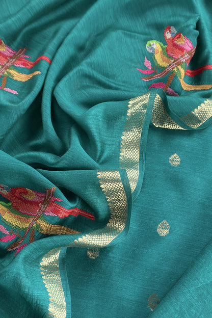 Teal Blue Handloom Unstitched Tussar Suit With Dupatta