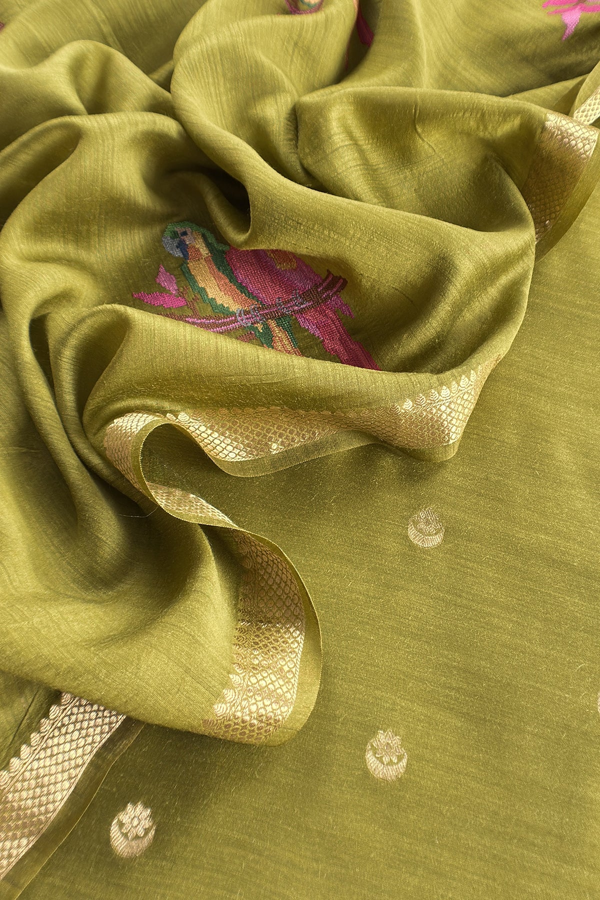 Parrot Green Handloom Unstitched Tussar Suit With Dupatta