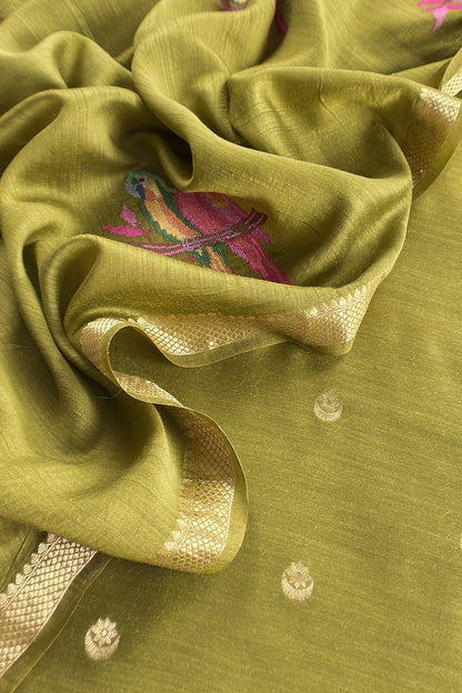Parrot Green Handloom Unstitched Tussar Suit With Dupatta