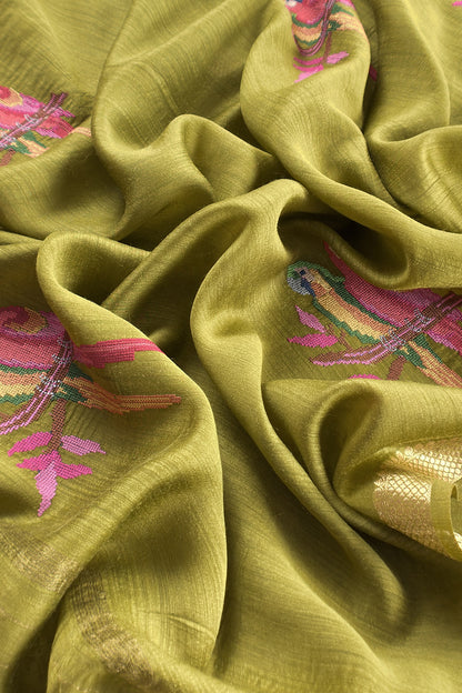 Parrot Green Handloom Unstitched Tussar Suit With Dupatta
