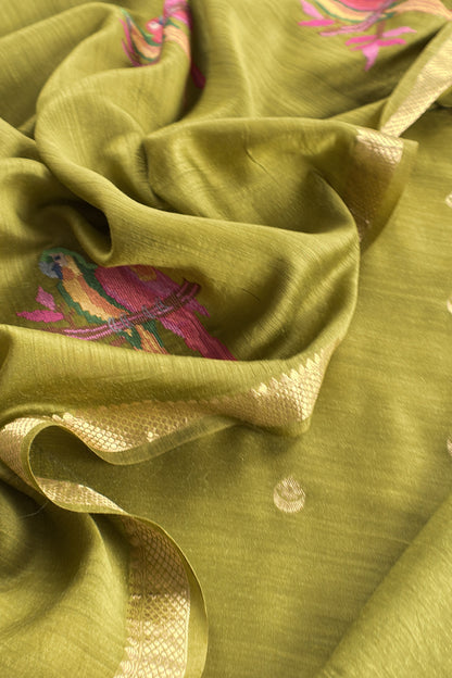 Parrot Green Handloom Unstitched Tussar Suit With Dupatta
