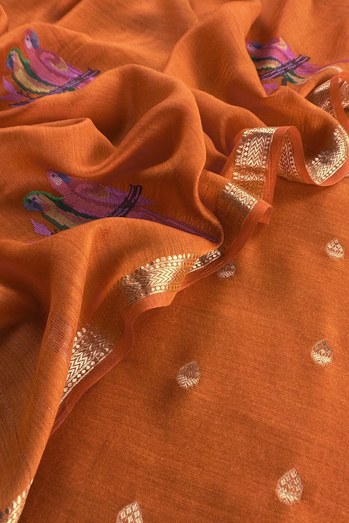 Orange Handloom Unstitched Tussar Suit With Dupatta