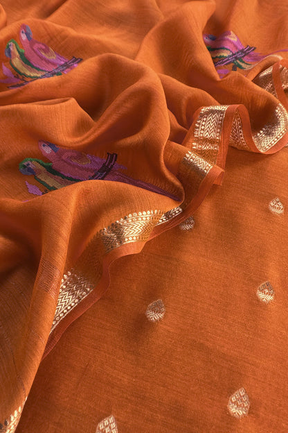 Orange Handloom Unstitched Tussar Suit With Dupatta