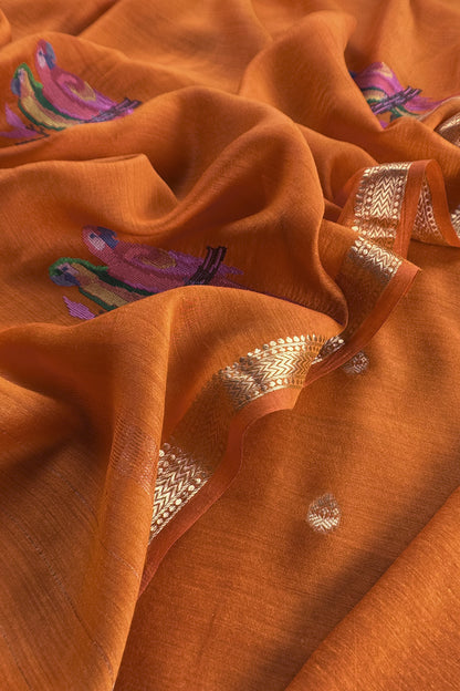 Orange Handloom Unstitched Tussar Suit With Dupatta