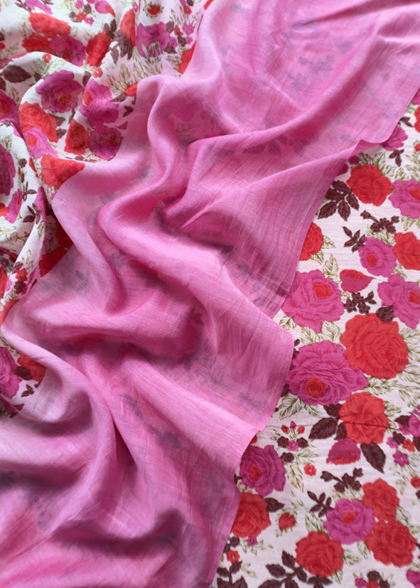 Pink Floral Maheshwari Silk Unstitched Suit With Dupatta