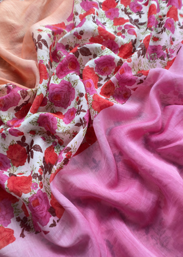 Pink Floral Maheshwari Silk Unstitched Suit With Dupatta