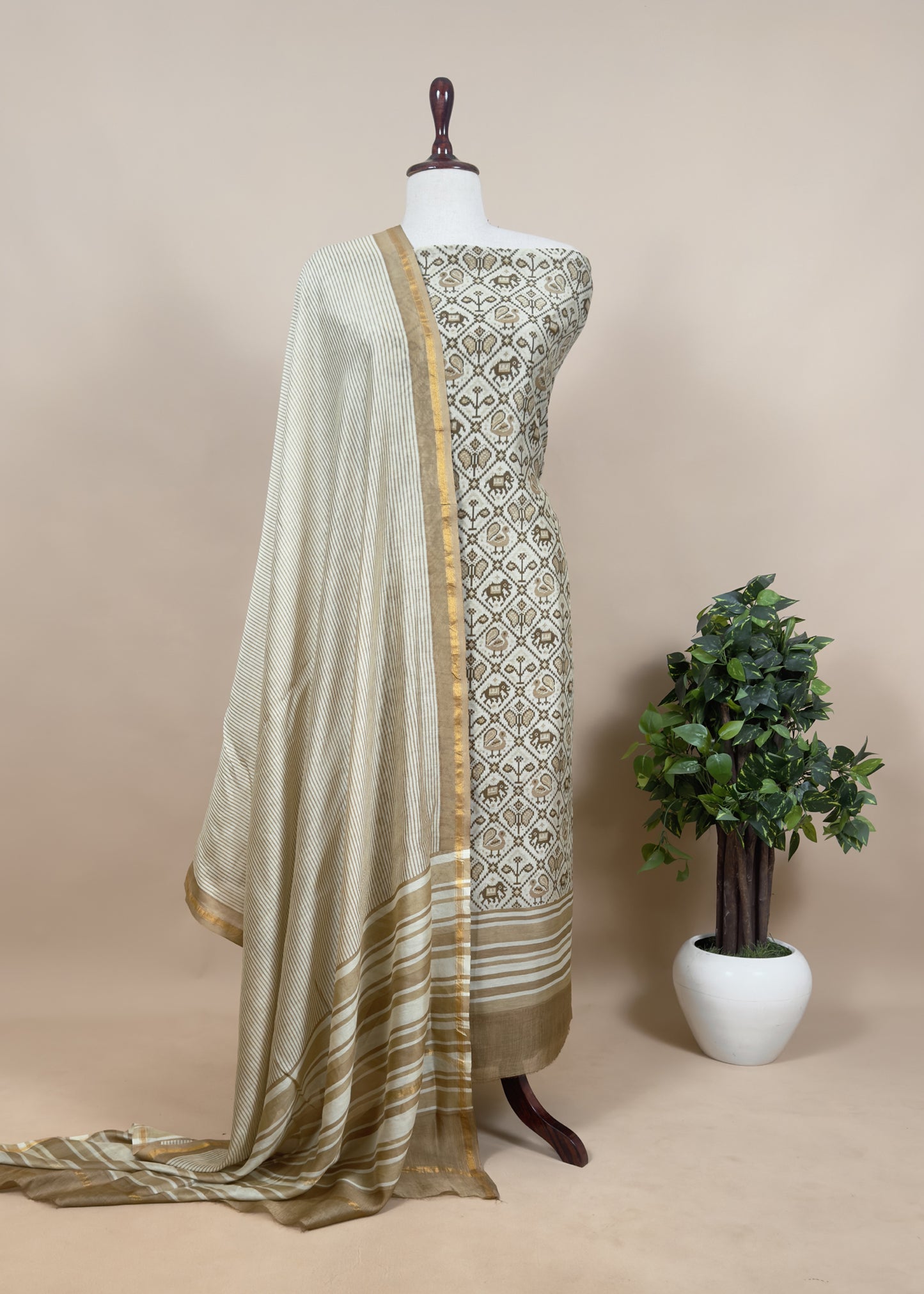 Beige With Brown Chidiya print Maheshwari Silk Suit With Stripes Dupatta