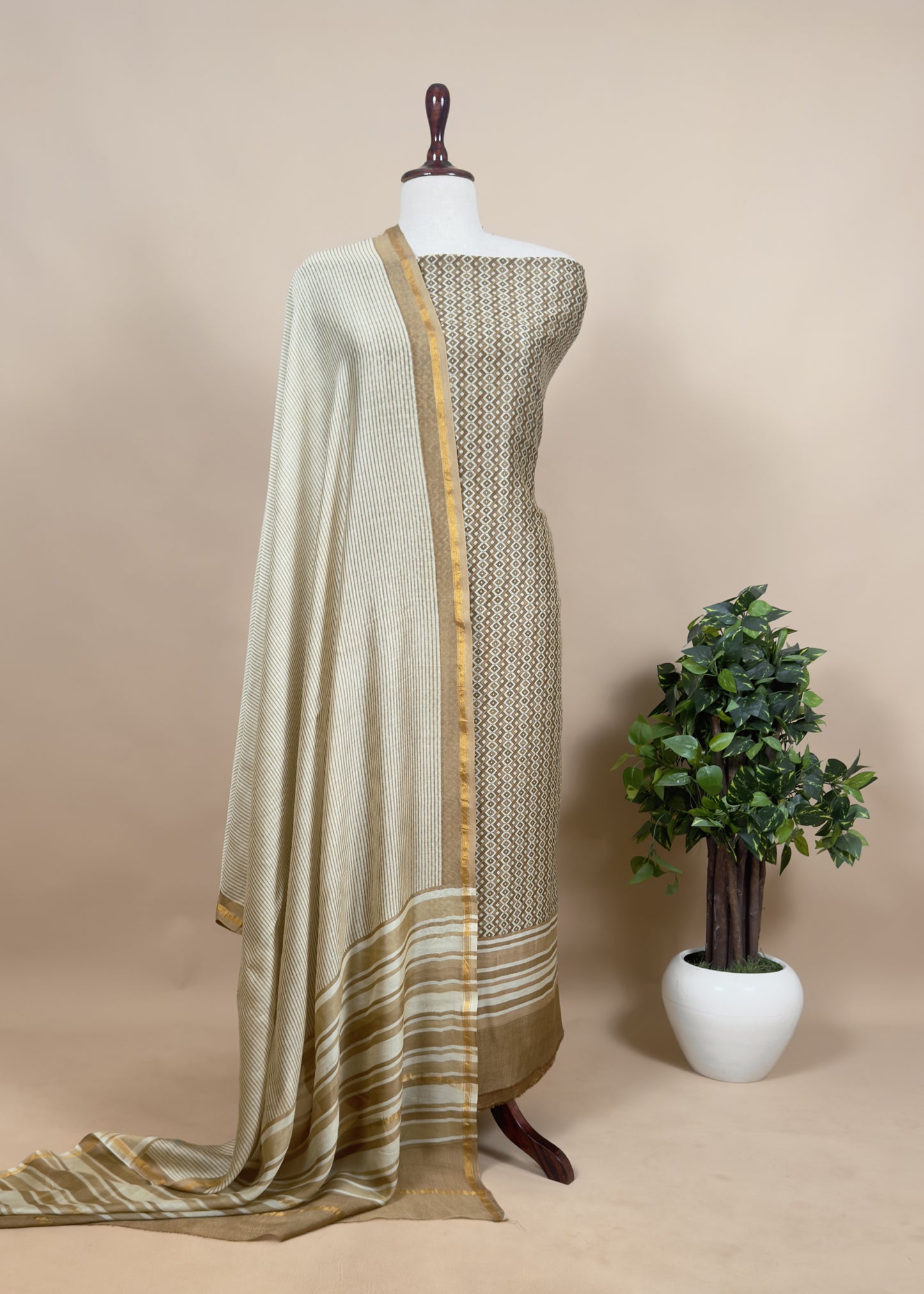 Beige With Brown Chidiya print Maheshwari Silk Suit With Stripes Dupatta