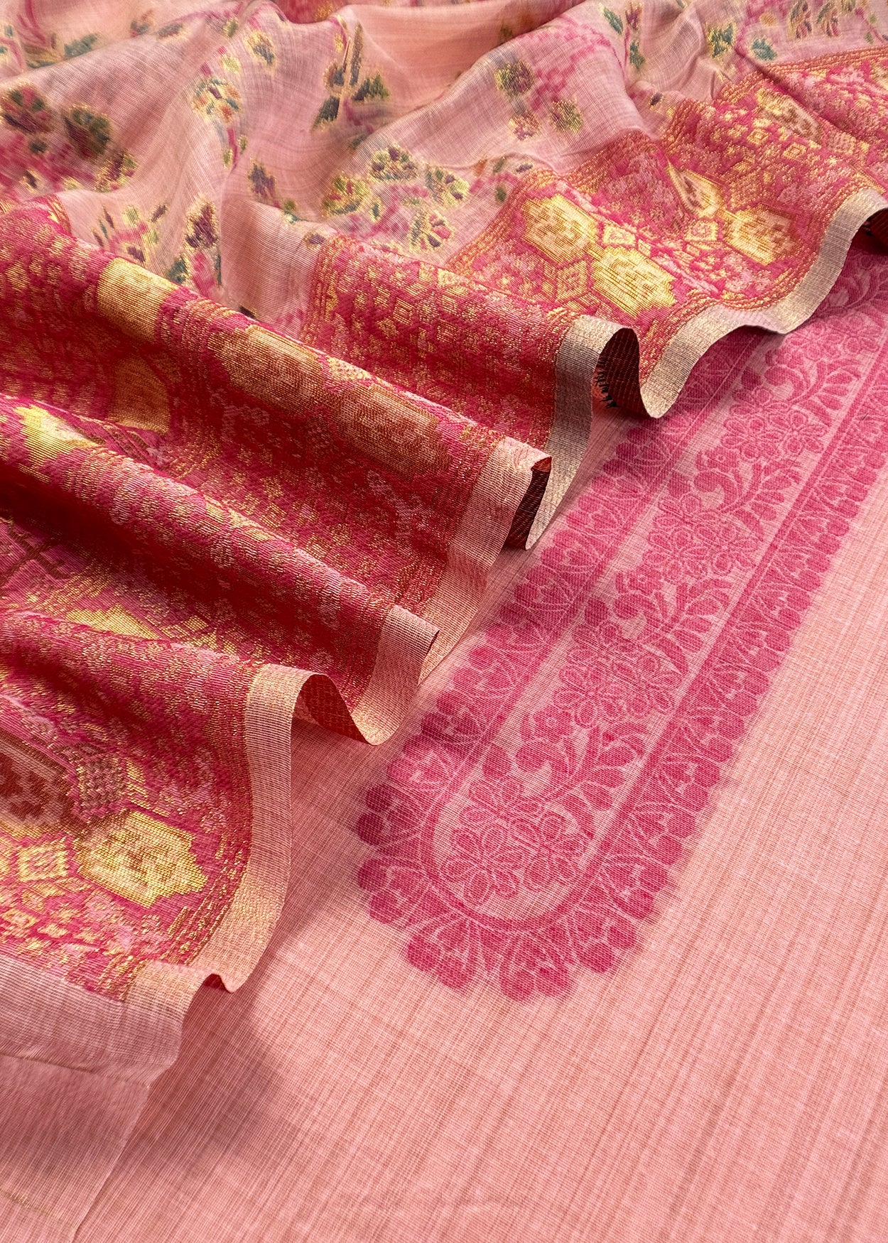 Pink Linen Chanderi Suit With Floral Jamdani Weaving