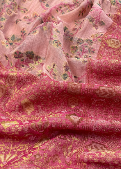 Pink Linen Chanderi Suit With Floral Jamdani Weaving