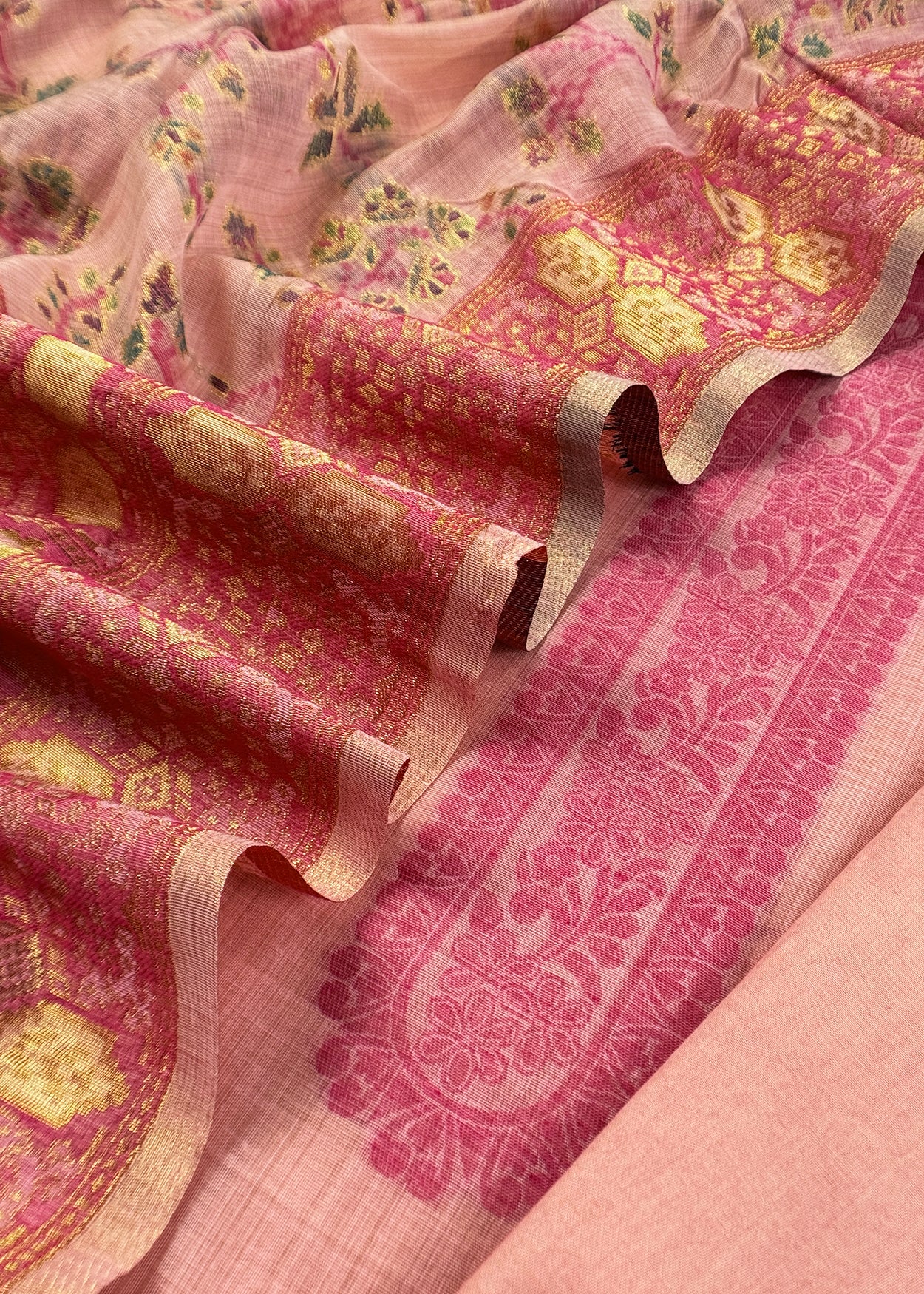 Pink Linen Chanderi Suit With Floral Jamdani Weaving