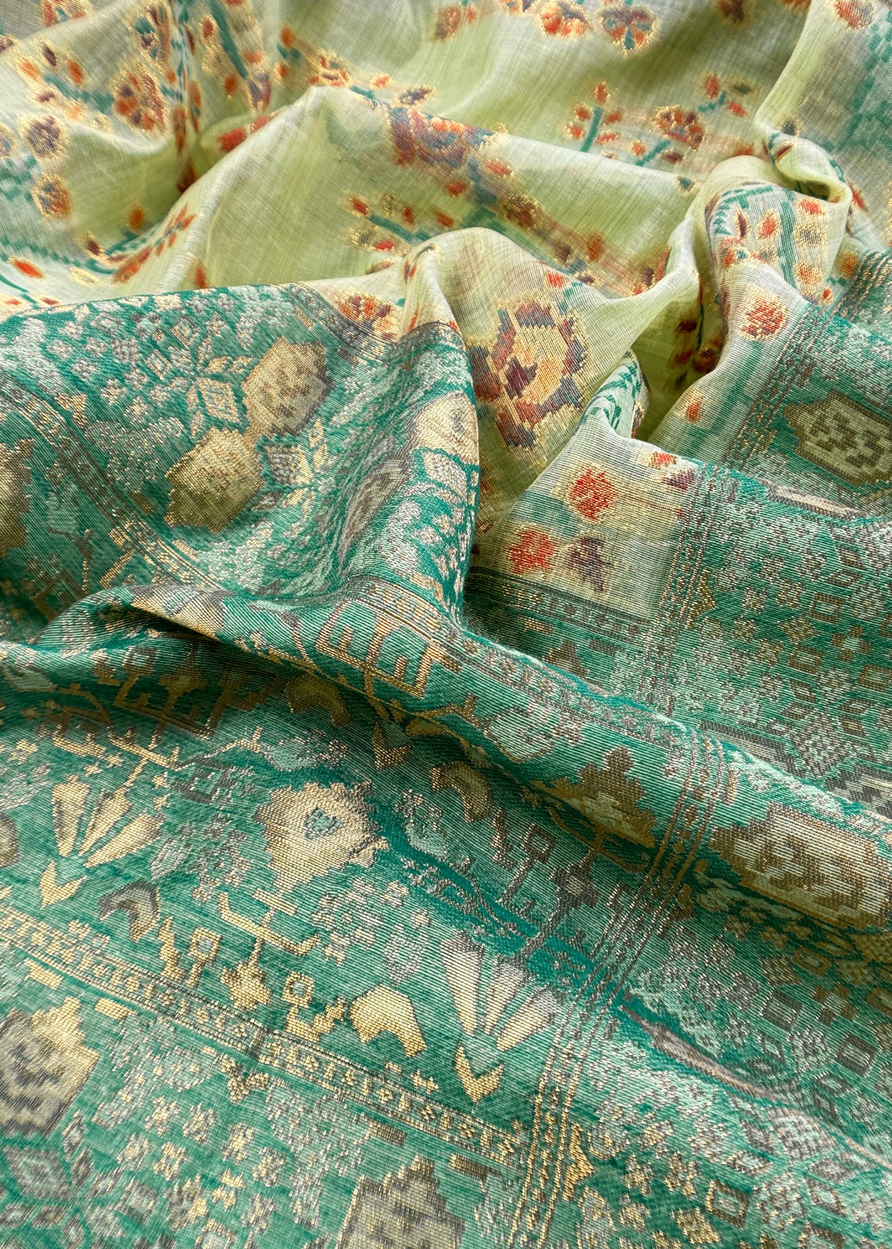 Green Linen Chanderi Suit With Floral Jamdani Weaving