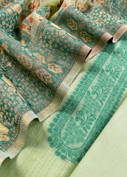 Green Linen Chanderi Suit With Floral Jamdani Weaving