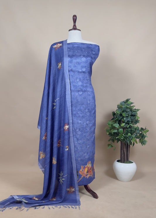 Royal Blue Tussar Silk Unstitched Suit With Pichwai Dupatta