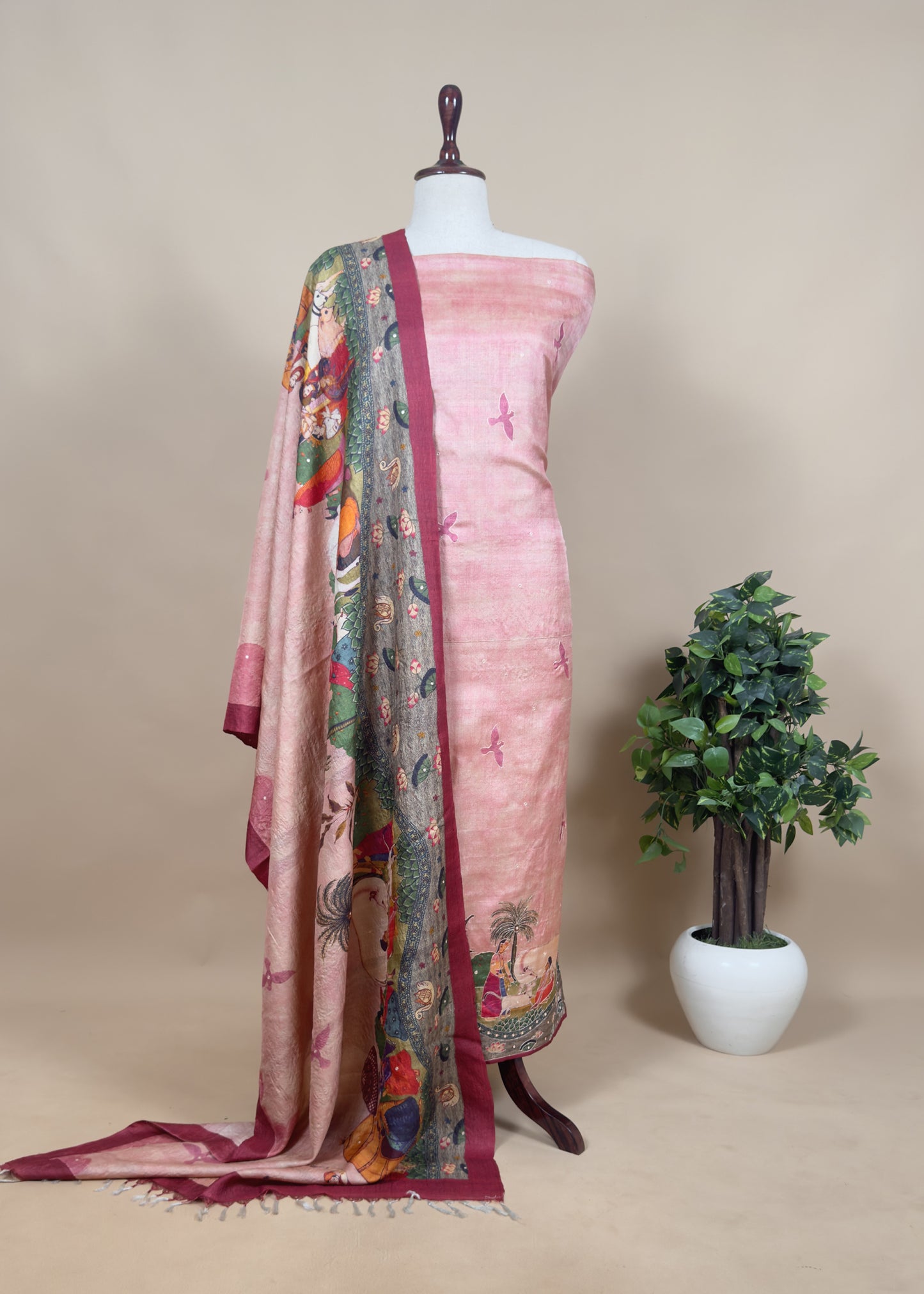 Pastel Green Tussar Silk Unstitched Suit With Pichwai Dupatta