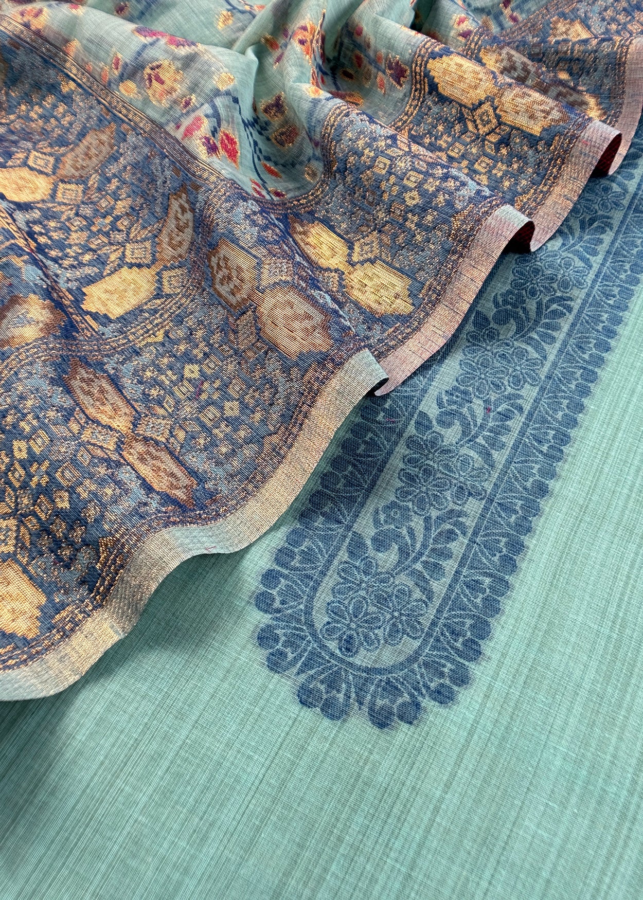 Turquoise Linen Chanderi Suit With Floral Jamdani Weaving