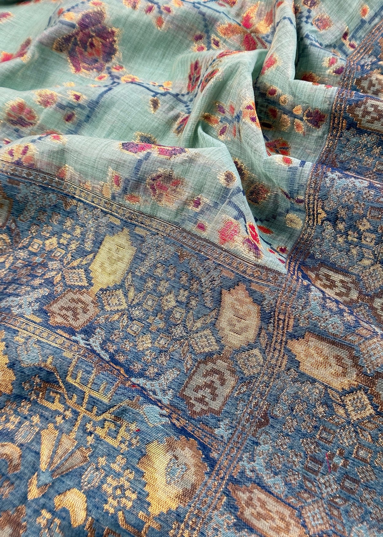 Turquoise Linen Chanderi Suit With Floral Jamdani Weaving